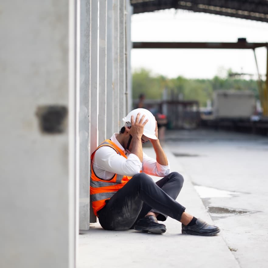 Trabajador sentado mientras está por quitarse el casco en un entorno industrial